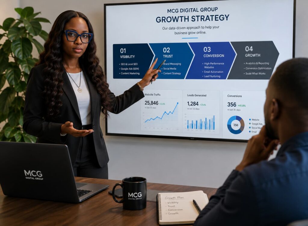 MCG Digital Group strategist presenting a digital marketing strategy to help a business grow online in Cameroon.