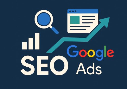 An image in dark azure showing the different services google ads and SEO