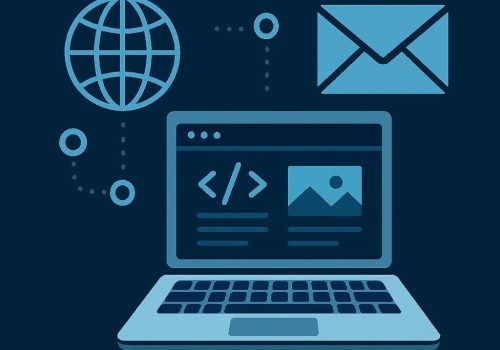 Image of a computer displaying html codes on the screen and a mailing envelope